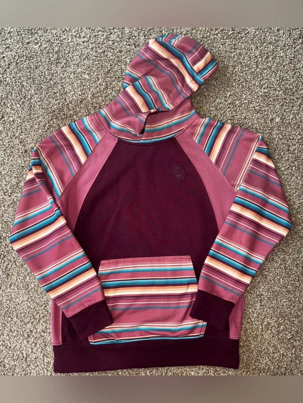 Hooey Men’s Pullover Hoodie Size L Burgundy Striped Logo Pocket Cotton Blend